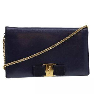 Salvatore Ferragamo Chain Wallet Saffiano Leather Blue Auth
